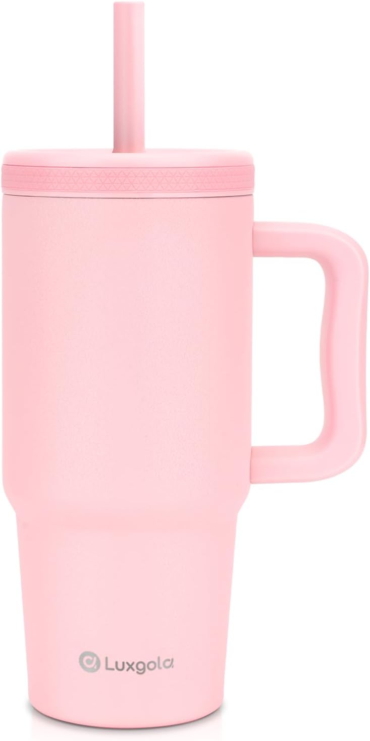 Kids 24 oz Tumbler with Handle, Leak-Proof Screw-On Lid with Removable Silicone Straw, Spill Proof, Reusable Stainless Steel Insulated Water Bottle, Gift for Boys Girls Adults, Pink