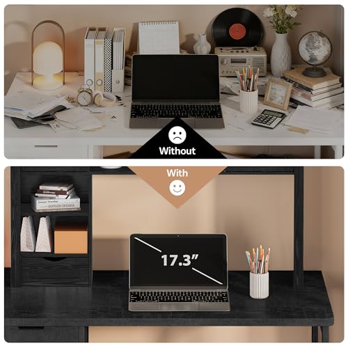 Image of Large Desktop Bookshelf with Sliding Barn Door, 47.2''W Desk Shelf Display Rack, Desktop Organizer Storage Rack with 7 Cubbies and Drawer, Home, Desk Shelf for Office, Dorm, Vanity, Black