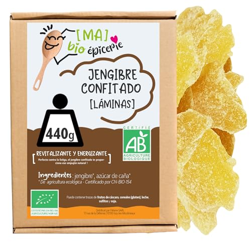 MA bio-épicerie - Jengibre Confitado Ecológico en Láminas 440 g - Jengibre Deshidratado a Granel sin Conservantes - Fruta Confitada Eco para Cocina y Degustación