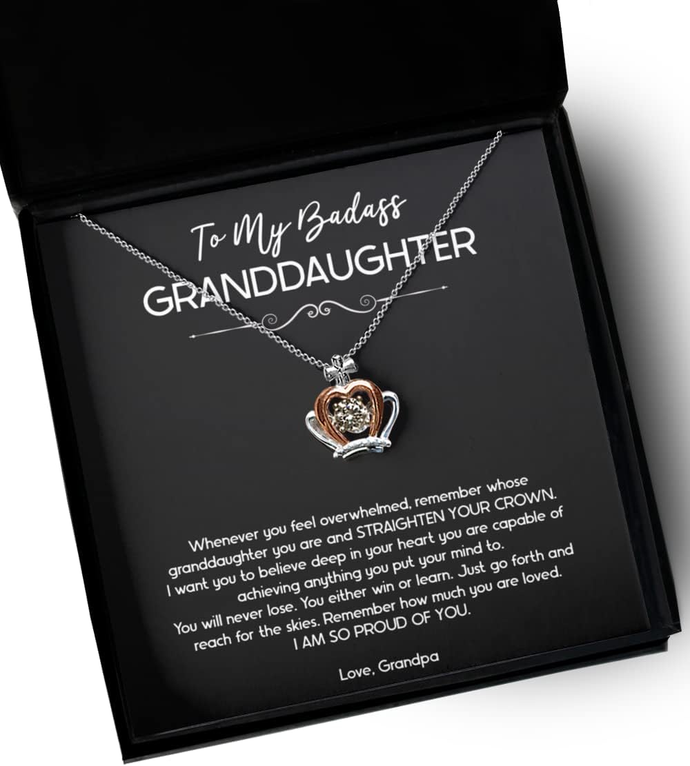 to My Badass Granddaughter Gifts, I Am So Proud of You, Crown Pendant Necklace for Women, Birthday Jewelry Gifts from Grandpa