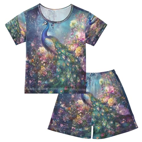 ALAZA Peacock Peony Flower Art Pajamas Set Short Sleeve Cotton Sleepwear Summer Pjs 2 Piece 5-14Y
