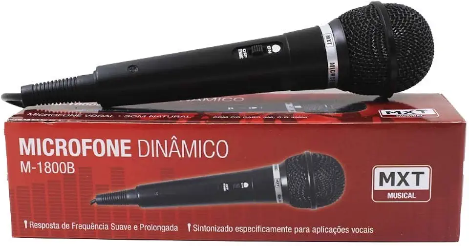 Microfone MXT M-1800B Plastico Preto com Fio 3 Metros OD 4 MM