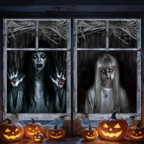 2 Pack Halloween Window Curtain Cover Scary Bloody Ghost Window Poster 47 31.5 Inches Haunted House Window Decorations for Halloween Party Indoor Outdoor Wall Door Dcor