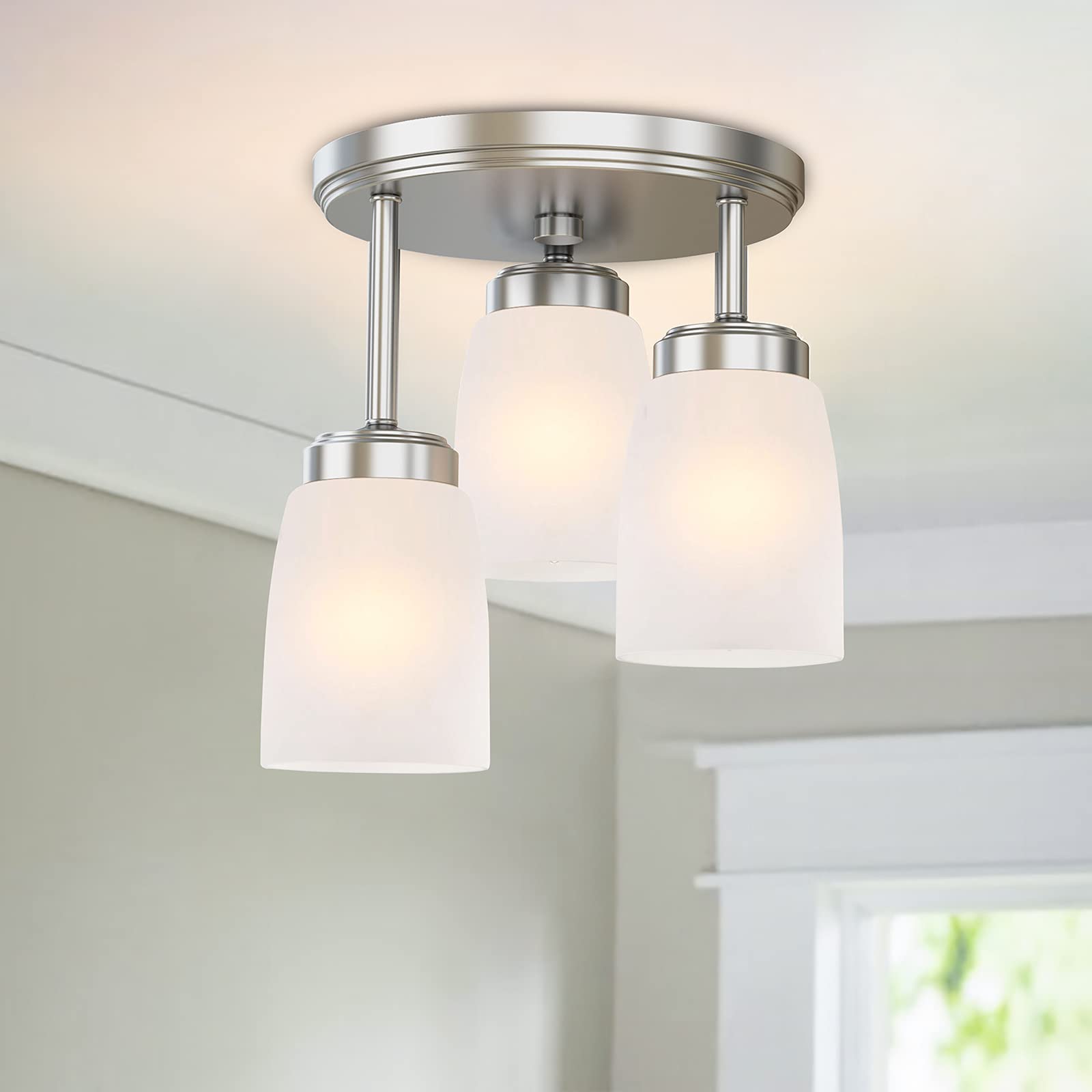 GZBtech3-Lights Semi Flush Mount Ceiling Light Fixture,Modern Brushed Nickel Entry Hallway Ceiling Light Kitchen Light Fixtures with Opal Glass Shades for Closet Dining Laundry Room Bedroom Entrance