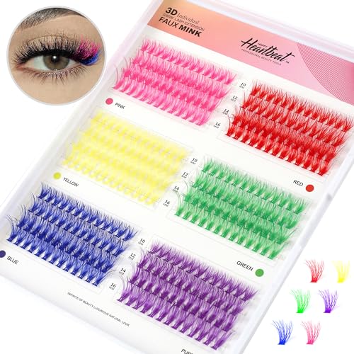 Happy Heartbeat 3D Colored Lash Clusters C Curl 312Pcs 6 Colors 10mm 12mm 14mm 16mm Mixed Faux Mink Lashes DIY Individual Lashes 40D Colorful Fluffy Eyelash Extension(40D-10-16 6 Colors-C Curl)
