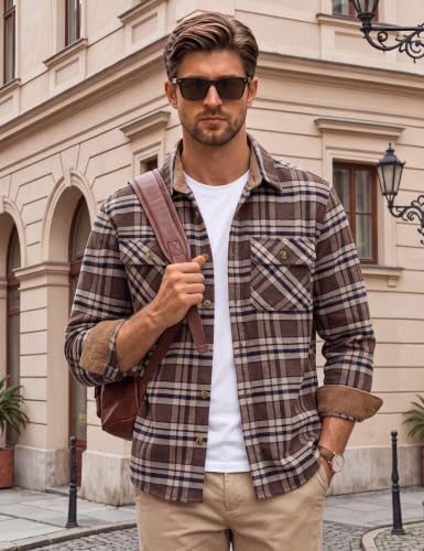 Image of Cotrasen Mens Flannel Shirts Cotton Plaid Button Down Shirt | Long Sleeve, Corduroy Collared, Soft,Breathable, Work, Western, Trendy, Casual Classic Flannel Shirt with Pocket