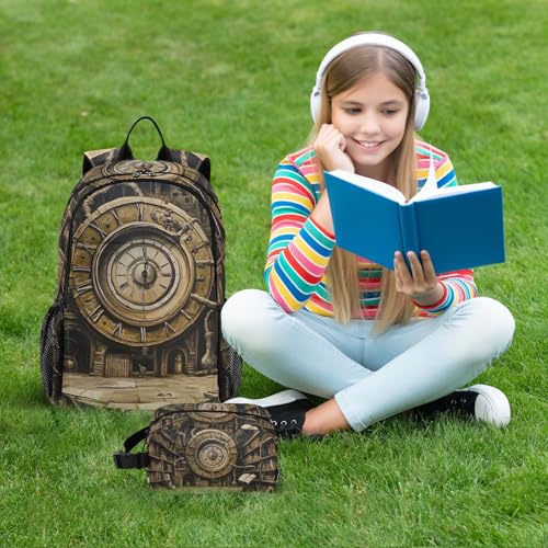 Clock Book Vintage Backpack for School Boys Girls and Teens, Backpack for Men and Women, Lightweight Bookbag with Lunch Box Travel Laptop Daypack 18.5 x 11.8 In2