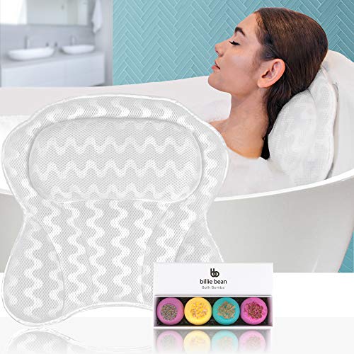 BILLIE BEAN Luxury Bath Pillow for Bathtub - 4 Bath Bombs Included - Extra Strong Suction Bath Pillows for Tub Neck and Back Support - A Relaxing Bathtub Pillow - Billie Bean Bath Accessories