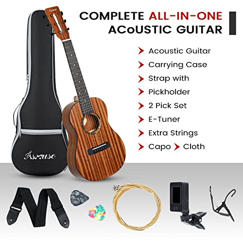 Asmuse 30" Acoustic Guitar, Soild Wood Beginner Guitar Kit With Gig Bag, Extra Strings, Strap, Picks, Tuner (Natural) #TOP4