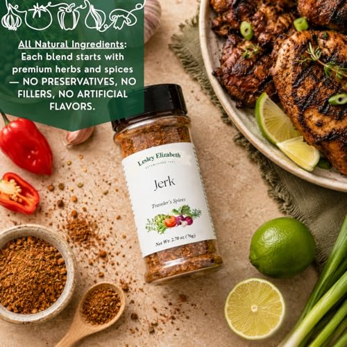 Image of Lesley Elizabeth Jerk Traveler's Spices - Authentic Caribbean Jerk Seasoning Blend for Chicken, Pork, Seafood & Veggies | Bold Heat & Island Flavor | Gourmet Rub for Grilling & Cooking