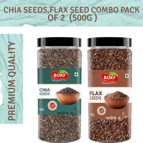 Image of BOKF Chia Seeds + Flax Seeds Combo Pack | Natural & Raw Superfoods | Rich in Omega-3, Fiber & Protein | Weight Management & Healthy Diet Seeds (250g+250g)