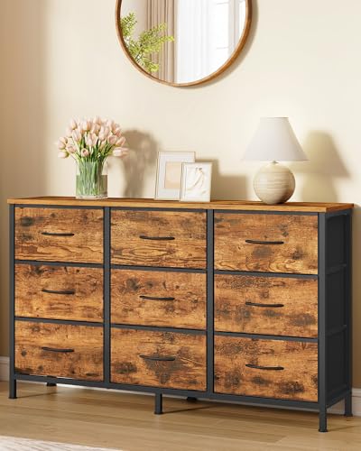 Image of SONGMICS BELLAH Collection - Dresser for Bedroom, TV Stand for TVs Up to 55 Inches, Chest of Drawers for Living Room, Closet, Steel, 9 Drawers, Industrial, Rustic Brown and Ink Black ULGS033KD02S