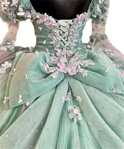 Dydsz Women's Sparkly Tulle Flowers Quinceanera Dresses with Sleeves Long Prom Dress Bow Sweet 16 Dresses Puffy Ball Gown - Image 5