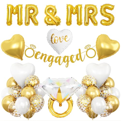 Image of Gold Engagement Party Decorations, MR and MRS Balloons Ring Foil Banner