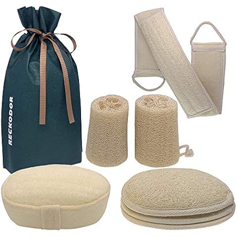 7 in 1 Shower Loofah Exfoliating Body Scrubber for Men and Women, Gift Bath Set Including Natural Loofa Back Scrubber, Luffa Sponge, Loofah Pad and Large Shower Scrub, Sensitive Skin also Applicable Cover