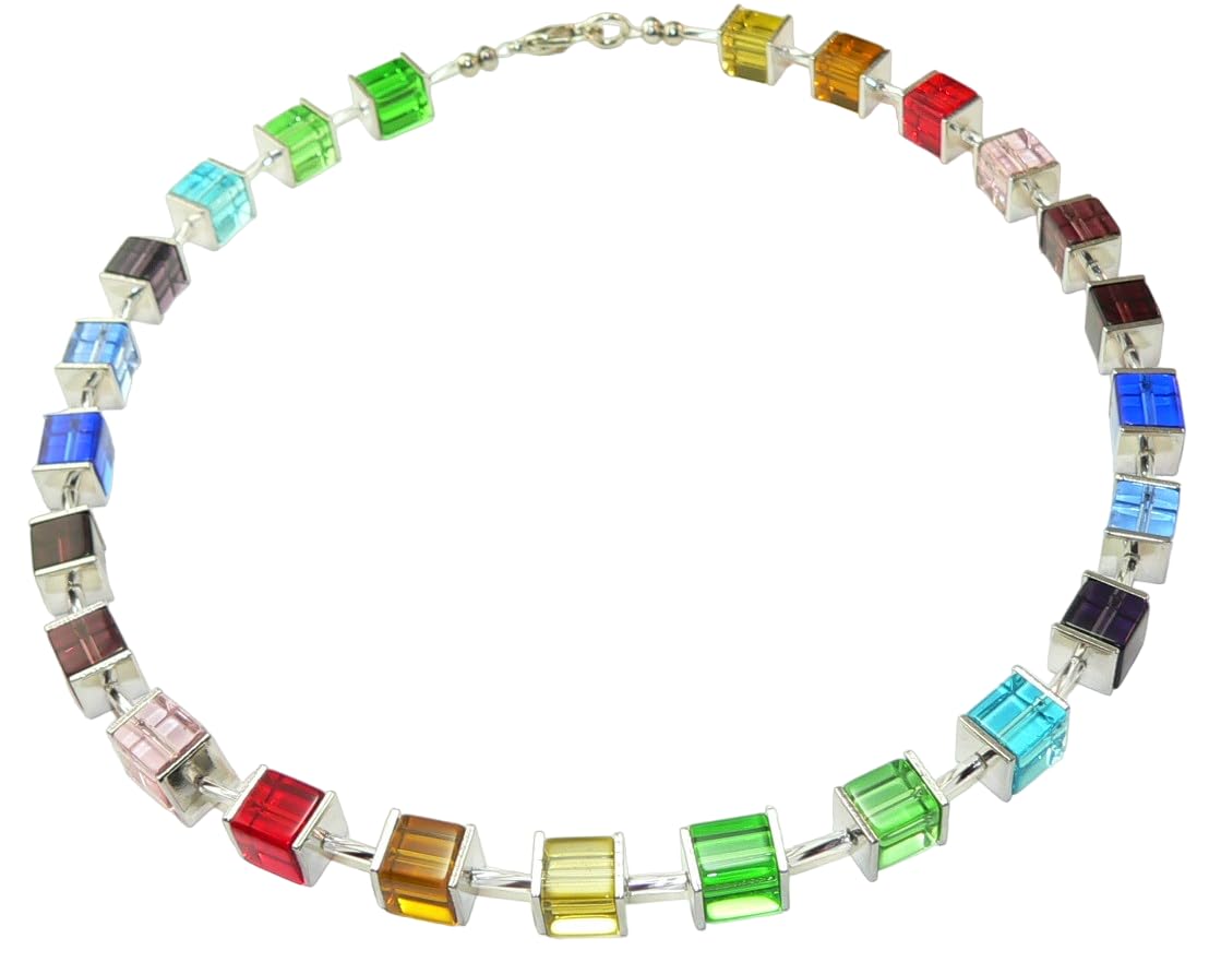 Halskette, Kette, Collier Armband Ohrringe Schmuck Set, Glas Würfel Edelstahl, Stifte Twist Mehrfarbig Multicolor Bunt Regenbogen,