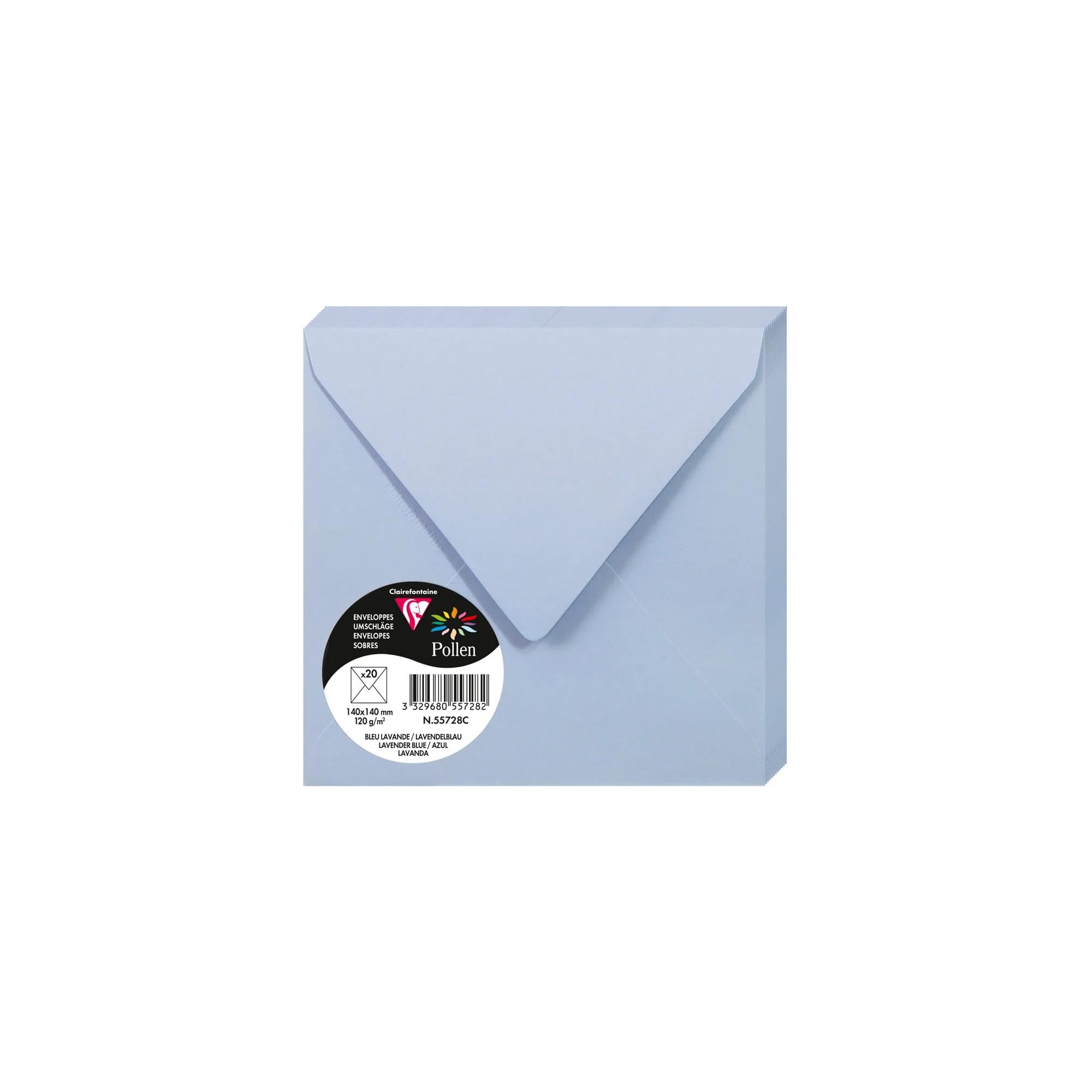 Clairefontaine 55728C Pack of 20 Gummed Envelopes Square Format (14x14cm) 120g/m² Lavender Blue Invitation Events Correspondence Pollen Range Premium Paper