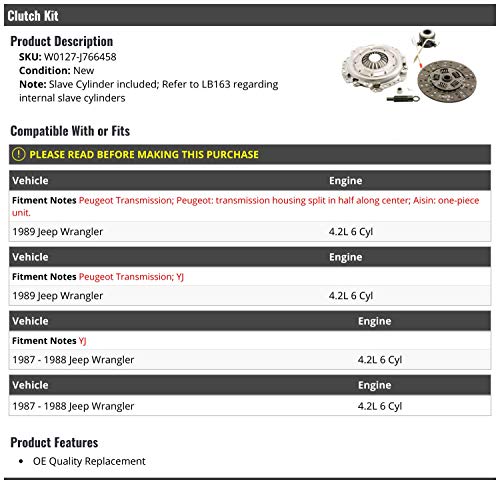 Clutch Kit with Cylinder - Compatible with 1987-1989 Jeep Wrangler 4.2L 6-Cylinder