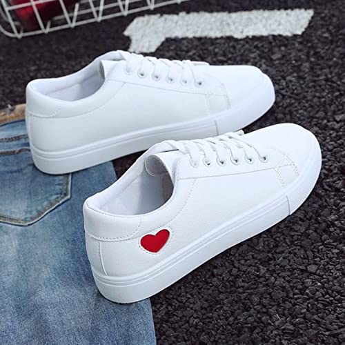 LCUK Chaussures de Femme Mode Nouvelle Femme PU Cuir Chaussures Dames Respirable Mignon Coeur Plats Chaussures décontractées Baskets Blanches-White Red,38 Cover