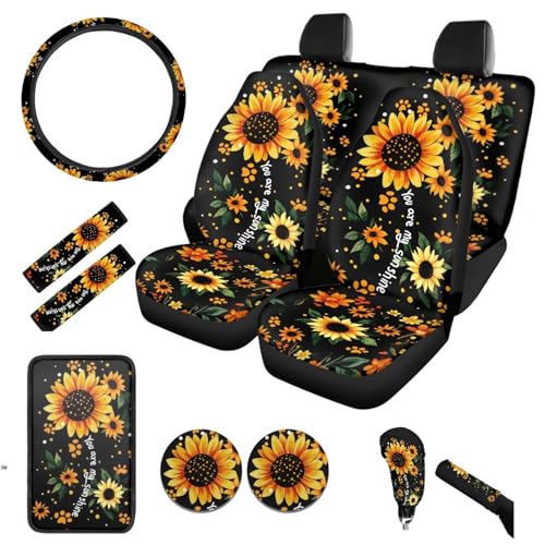 BIGCARJOB Sunshine Sunflower Car Seat Covers Full Set 12 Pcs Cute Dog Paw Print Car Accessories Interior Seat Protector for Womens Seat Belt Cover Armrest Pads Cup Holder Coaster