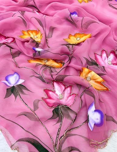 Image of Arkia Women's Floral Hand Embroidered Hand Painted Saree with Blouse Piece