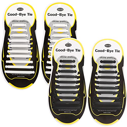 No Tie Lacets de Chaussure pour Enfants et Adultes, 2 Paires Lacets Élastiques Sans Nœud en Silicone, Lacets Sans Laçage Impérmeable pour Sports Shoes Sneaker Conseil Bottes(Noir+Blanc) Cover