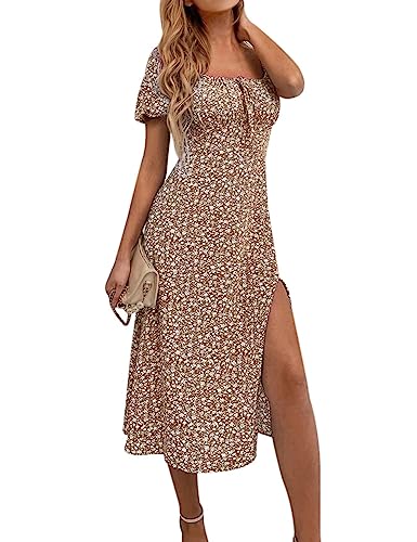 SPRIME Women's Floral Summer Casual Dress Square Neck Puff Sleeve Boho Midi Dresses Ruched Bust High Waist Split Long Dress3