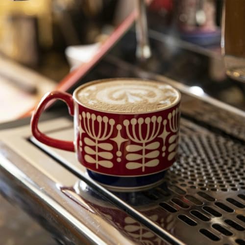 Image of Spooky Japanese Retro Ceramic Coffee Mug - 300ml Printed Stackable Cup with Handle - Creative Ins-Style Ear-Hanging Design for Milk, Tea & Espresso - Ideal Gift for Couples, Home or Cafe (Full Red)