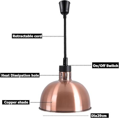 Miniatura 10 de Lámpara colgante de calor de alimentos infrarrojos Calentador de alimentos Fry Luz de calefacción 250W con cable retráctil (Dia29 cm (oro))