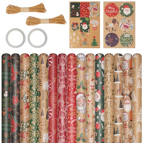 15 Stück Geschenkpapier Weihnachten 50cm x 70cm Geschenkpapier Geburtstag Weihnachtspapier mitAnhängerkartex1 + Aufkleberx1 + Hanfschnurx2 für Geschenkverpackung Weihnachten Hochzeit Geburtstag