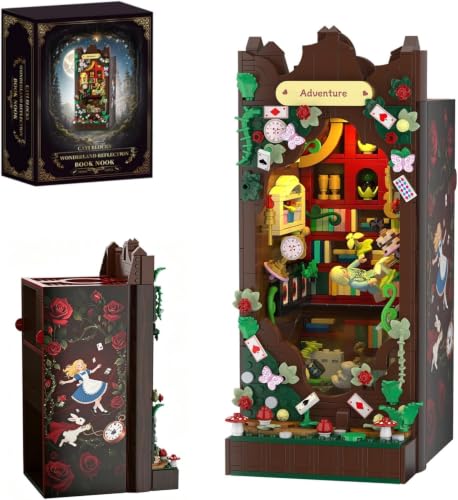 Amireed Fall into Wonder Book Nook Building Sets with Light 1068 PCS Fairy Tale Blocks with Mirror Rabbit Hole Bookshelf Decor Wonderland Book Building Kit for Adult Girls & Book Lovers