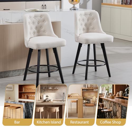Butacos giratorios de barra, set de 4 unidades, con respaldo acolchado y tapizado en lino, altura para barra (25''), diseño moderno para isla de cocina o bar en casa, color beige miniatura 7