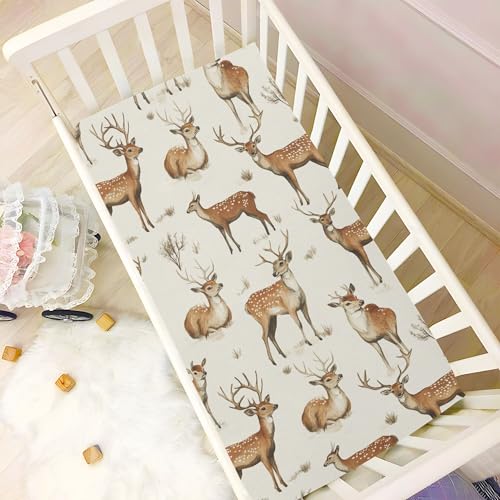 Image of Vintage Forest Deer Crib Sheets Soft Breathable Fitted Baby Crib Sheets Mattress Cover for Girls Boys, 52 inch x 28 inch x 9 inch