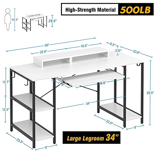 White Desk With Keyboard Tray, 55 Inch Desk With Storage Shelves Modern Computer Desks For Home Office Study Desk With Monitor Shelf Industrial Pc Desk Studio Desk With Iron Hooks, Easy To Assemble #TOP2
