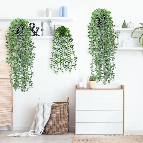 Artificial Hanging Plants, 2 Pack Fake Hanging Plants, Fake Potted Greenery Plants Faux Eucalyptus Vine, Mandala Vine in Pot, Green Plants for Home Room Indoor Outdoor Shelf Decor