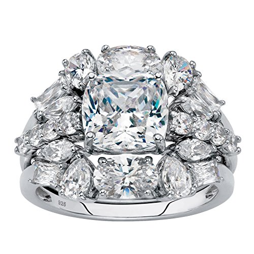 Platinum over Sterling Silver Cushion Cut Cubic Zirconia Jacket Bridal Ring Set Size 7