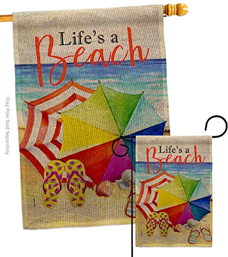 Breeze Decor Life's A Beach Burlap Garden House Flag Set Coastal Tropical Sea Shells Ocean Sand Outdoor Summer Coral Decoration Banner Small Yard Gift Double-Sided, Made in USA