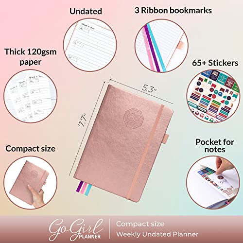 GoGirl Planner and Organizer for Women – Compact Size Weekly Planner, Goals Journal & Agenda to Improve Time Management, Productivity & Live Happier. Undated – Start Anytime, Lasts 1 Year – Rose Gold