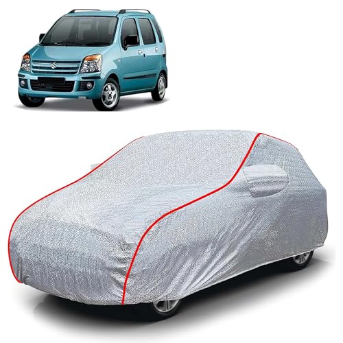 Image of Sulfar 100% Waterproof Car Body Cover Compatible with Mirror for Maruti Suzuki Old Wagonr (Triple Stitched, Full Bottom Elastic, Magic Silver with Red Piping)