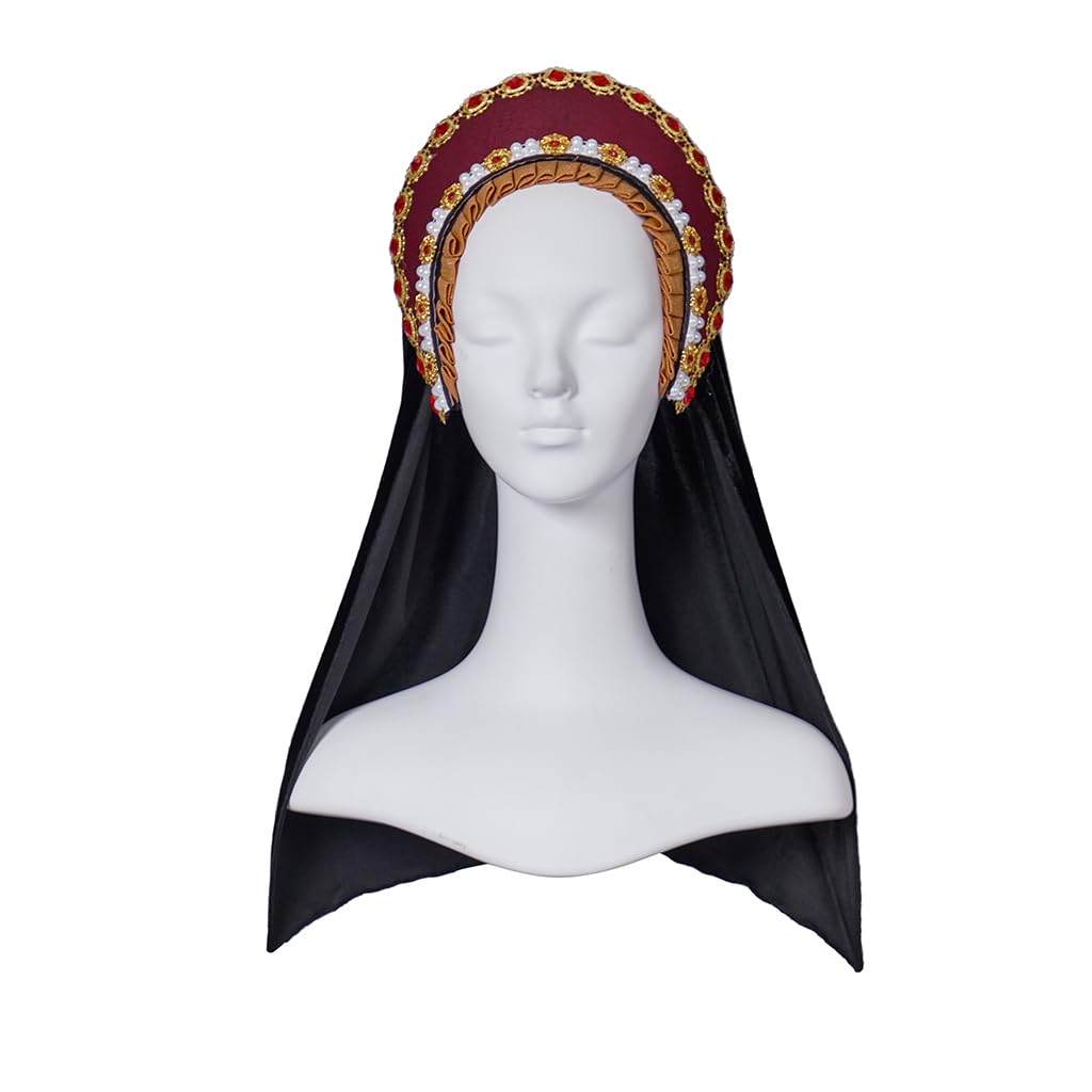 Willyacos Tudor French Hood Anne Boleyn Costume Headpiece Elizabethan Headwear Renaissance Tudor Hat Headdress Headband (Red, One size)