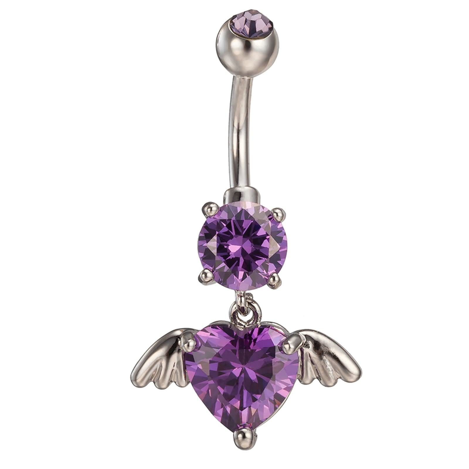 Lieson Piercing para ombligo, piercing para ombligo, piercing para ombligo, acero quirúrgico, corazón con ala morado/negro/blanco, circonita cúbica, Acero inoxidable, Circonia cúbica