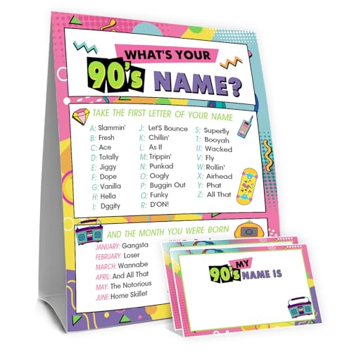 Mjsxy 90S Theme Party Decorations, 90'S Theme Birthday Party Sign Decoration For Boys Girls, Kids Activity Cards, What'S Your 90'S Name, Activity Decoration Supplies