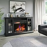 duraflame® Electric Fireplace Media Mantel for TVs up to 65 inches and Farmhouse Storage Cabinets, Black Embossed Ash