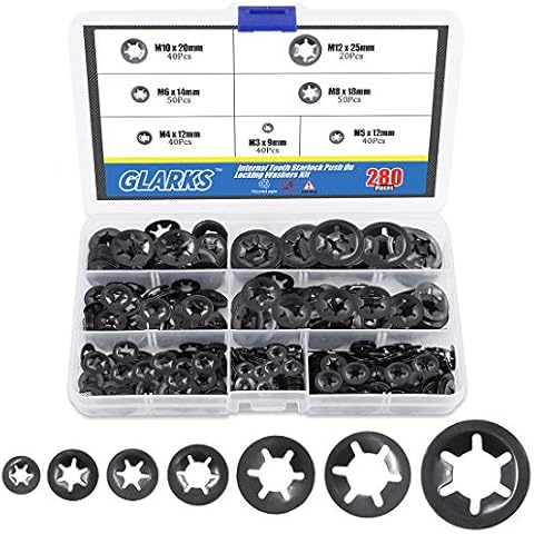 Glarks 280Pcs Internal Tooth Starlock Push On Locking Washers Speed Clips Fasteners Assortment Kit Cover