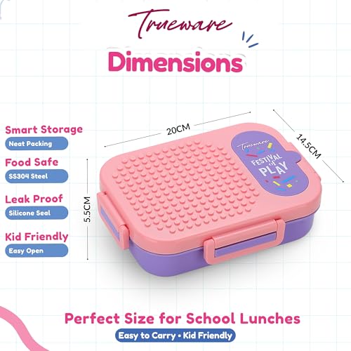Image of Trueware BRIX Fun Food and Play 304 Stainless Steel PU Insulated Lunch Box with Two Compartment BPA Free, Food Grade Ideal for School, Picnic, Office & Outdoor - 540ml (Pink)