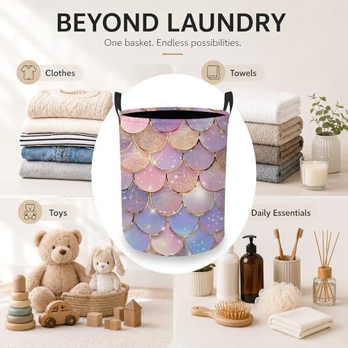 Image of Pastel Mermaid Laundry Hamper, Scale Glitter Laundry Baskets, Waterproof Oxford Cloth for Room /Bathroom /Bedroom /Dormitories 16x20.8 Inch