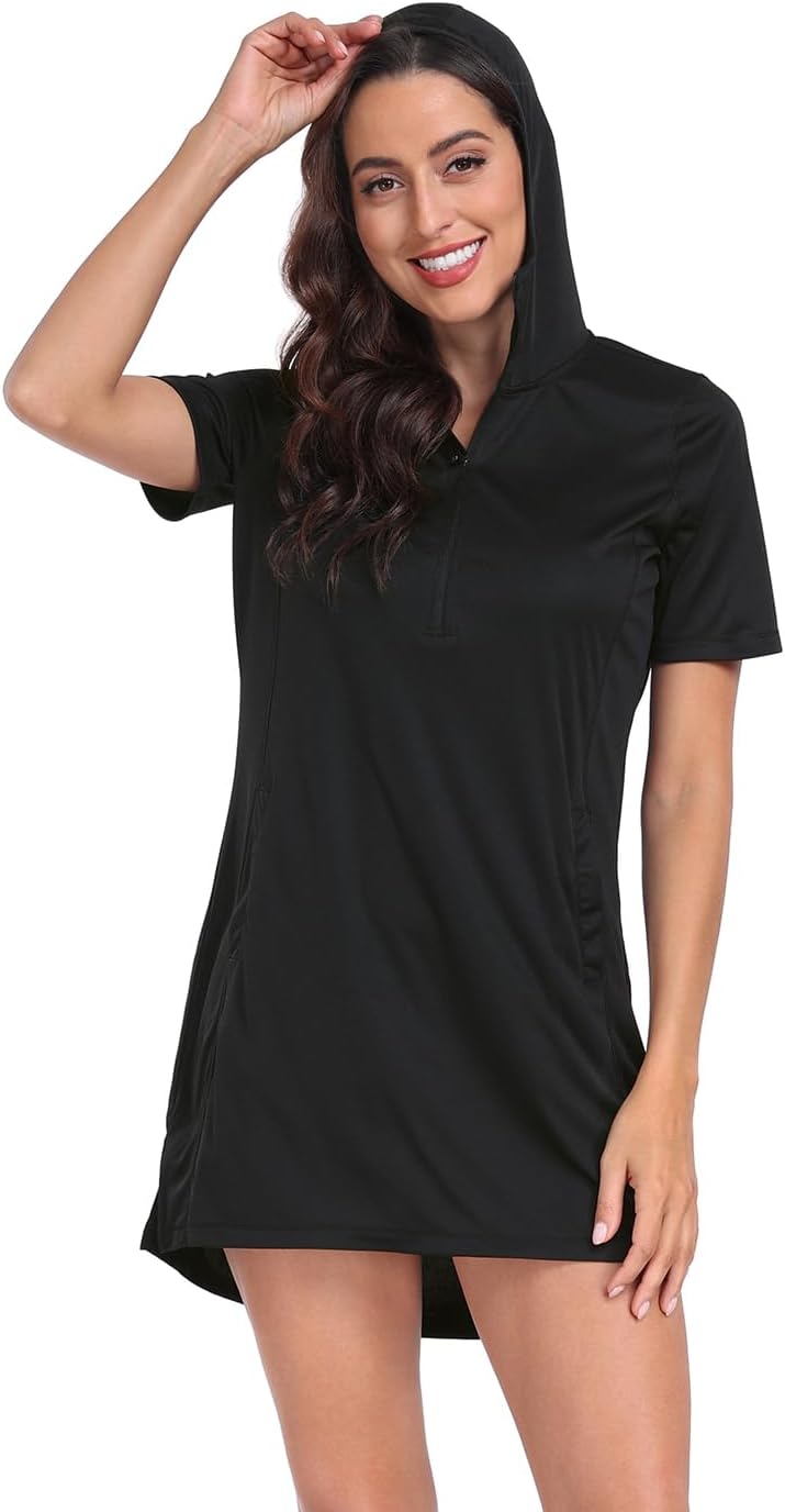 HDE Women's Short Sleeve Beach Coverup Dress with Hood UPF 50 Swim Cover Up - Image 2