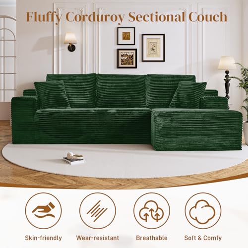 Image of 108 inch L Shaped Boneless Sectional Couches for Living Room, Comfy Corduroy Floor Cloud Sofa with Chaise, Wide Armrest, Deep Seat, Memory Foam, Assembly Free, Ideal for Small Spaces, Green