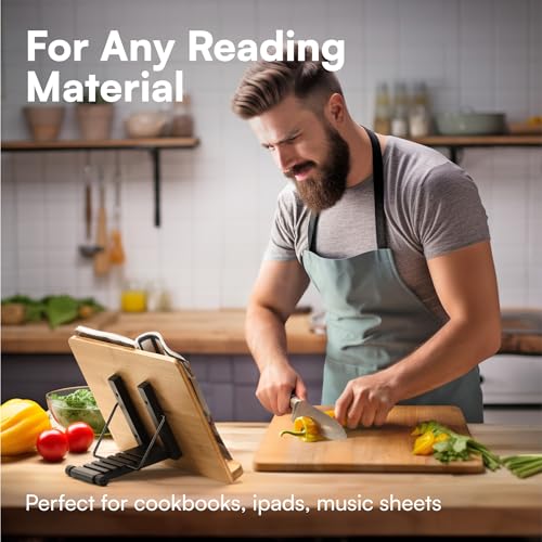 H&S Recipe Book Stand - Book Holder - Cookbook Stand for Kitchen - Bamboo Cookbook Holders for Reading - Recipe Stands with 6 Angle Options - Hands Free Page Holder - Folds Away - Image 7
