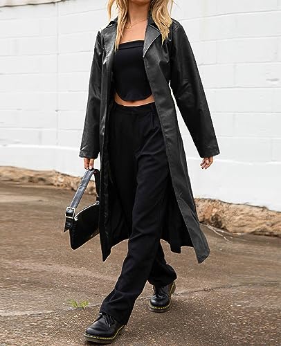 Women's Casual PU Leather Long Jacket Lapel Open Front Trench Coat with Belt4